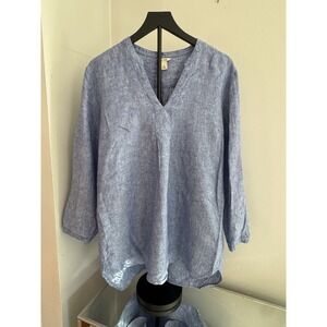 L.L. Bean 100% Linen Tunic Top Blue Split Neck 3/4 Sleeve Women's L